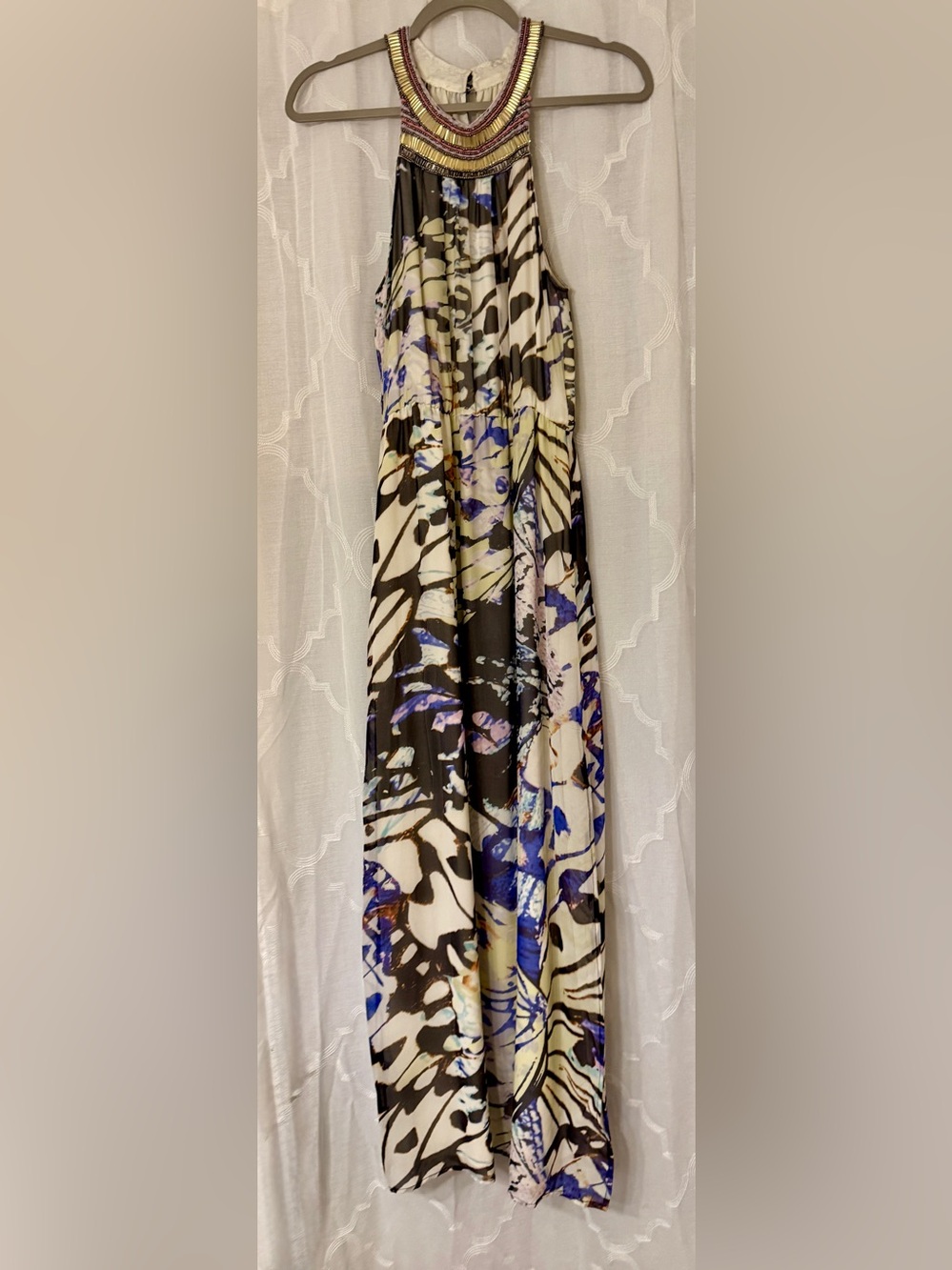 Charlie Jade 100% Silk Beaded Halter Maxi Dress Abstract Print Small 💎